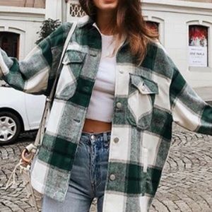 Green Plaid Oversized Flannel Shacket Shirt Jacket